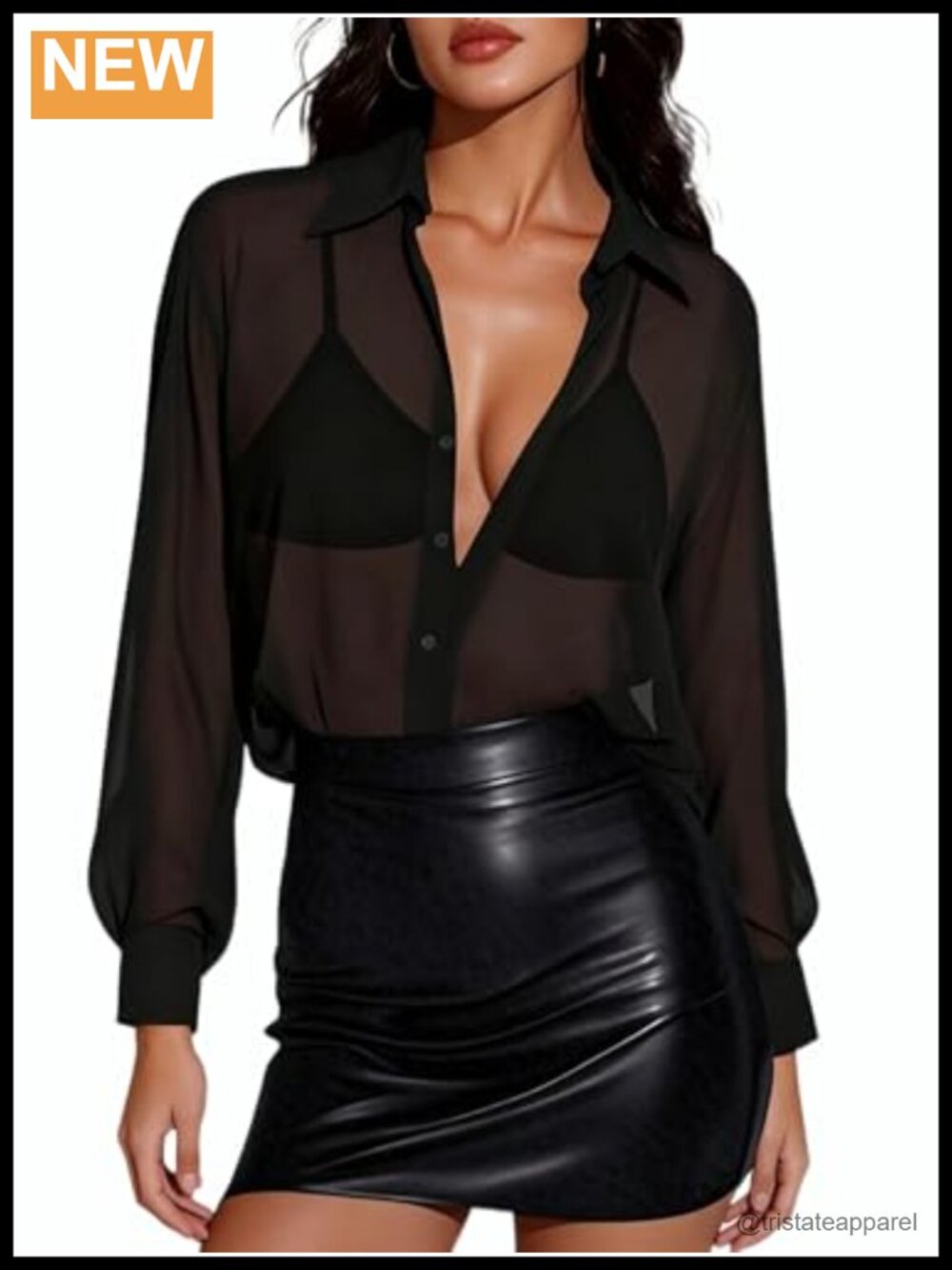 Sheer Long Sleeve Blouse Oversized V-Neck Button Down Shirt